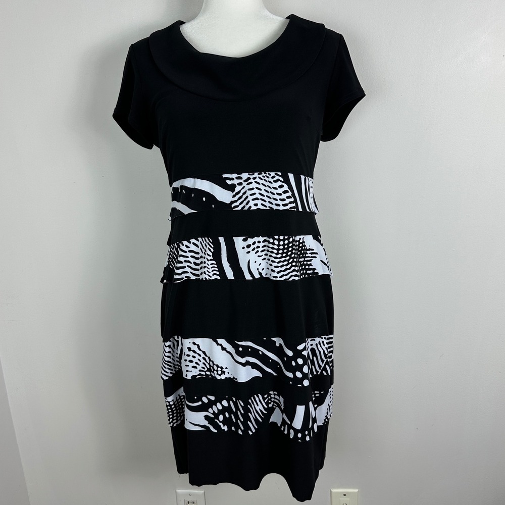 Joseph Ribkoff Canada Tiered Collared Shirt Dress Womens Size 10 Black White